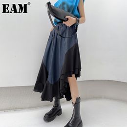 [EAM] Blue Casual Irregular Spliced Pockets High Elastic Waist Half-body Skirt Women Fashion Spring Summer 1DD8792 210512
