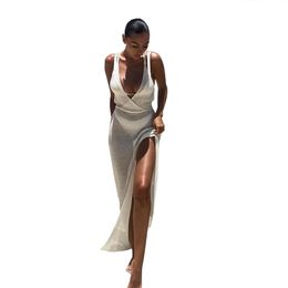 Sexy Beach Casual Dresses Women Hollow Out Backless Cover Up Knitted Maxi Dress Summer See Through Side Split Dress Sleeveless Deep V Neck