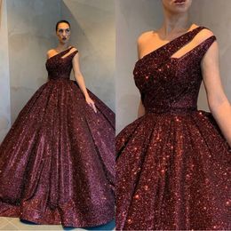 nude collar dress UK - 2021 Evening Reflective Dresses Burgundy Sleeveless Ball Gown Sequined One Shoulder Holiday Wear Celebrity Prom Gowns Plus Size Custom Made