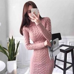 Elegant Solid Slim A-Line Women Sweater Dress Turtleneck Long Sleeve Knitted Office Autumn Winter Mid Vestidos 210520