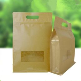 Storage Bags 50Pcs/lot Handle Brown Kraft Paper Stand Up Pack Bag With Window Side Gusset For Cereals Beans