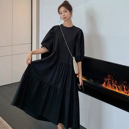 Women Summer Temperament Elegant Casual Wrinkled Black Robe Dress O-neck Short Puff Sleeve Loose Fashion 16F1294 210510