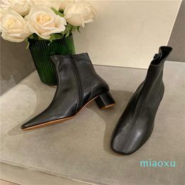 Зимняя мода роскошные женские сапоги черные белые натуральные кожаные квадратные пальцы туфли кнопка лодыжки 6см каблука дамы пинетки высокие каблуки Martin Wome