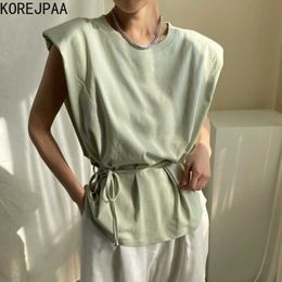 Korejpaa Women T-Shirt Summer Korean Chic All-Match Round Neck Loose Lace-Up Waist Slimming Solid Color Flying Sleeve Top 210526