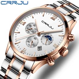 CRRJU Luxury Mens Watches Fashion Waterproof Rose Golden Stainless Steel Chronograph Watch Casual Male Luminous Calendar Clock 210517