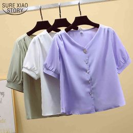 Sweet Chiffon Blouse Simple V-neck Super Short Shirts Cardigan Women Summer Solid Sleeve Top Female 9881 210508