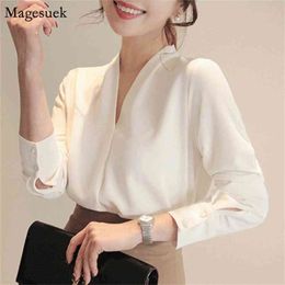 Autumn V-neck Womens Tops Long Sleeve Chiffon Women Blouse White Female Loose Office Shirt Business Clothing 9382 210512