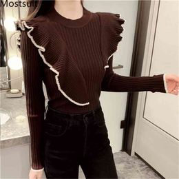 Winter Ruffles Knitted Slim Pullovers Sweaters Women Long Sleeve O-neck Korean Casual Fashion Female Tops Jumpers Femme 210513