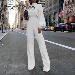 Women Fashion Lantern Sleeve Turtleneck Jumpsuit Office Lady Elegant Style High Waist Solid Wide Leg Jumpsuits 210428