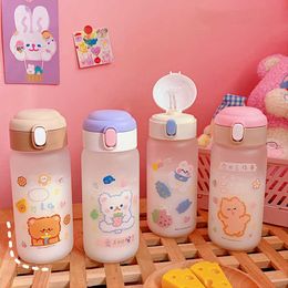 Creative Transparent Glass Water Bottle With Straw Cartoon Frosted Leakproof Travel Drinkware Cute Kids Student Girl Gift Cups 210923