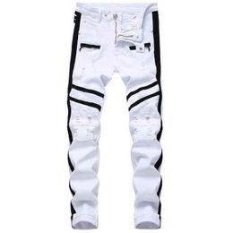 Men Hip-hop Stripe design Patchwork Ripped Stretch Slim Jeans Streetwear Cotton Male Casual Joggers Denim trousers Plus Size 42 G0104