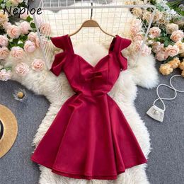 Neploe Elegant Ruffles Patchwork Slim Dress Women High Waist Hip A Line Vestidos V Neck Short Sleeve Solid Robe Summer New 210423