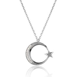 Crescent Star Model Zircon Gemstone Turkish Women Necklace 925 Sterling Silver