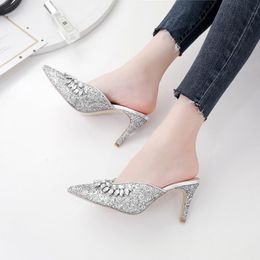 pointed closed toe heels UK - Slippers Ladies Muller Shoes 2021 Summer Sequined Rhinestone Closed Toe Sandals High Heel Fashion Pointed Party Dress