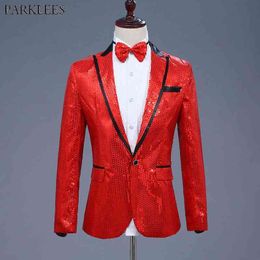 Shiny Red Sequin Glitter Blazer Jacket Men Nightclub DJ Host One Button Suit Blazer Male Prom Stage Wedding Costumes For Singer 210522