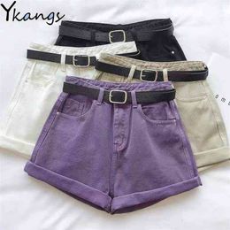 Women Purple Denim Shorts with Belt Classic Black Vintage High Waist Wide Leg Female Caual Summer Ladies Loose Shorts Jeans 210625