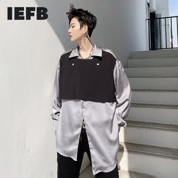 IEFB Contrast Colour Patchwork Fake Two Pieces Shirt For Men Handsome Satin Spring Men's Fashion Grey Shirt 9Y6644 210524