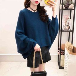 Pullover Sweater Women Loose Casual Small Fresh Knitted Sweaters Female Fairy Autumn Round Neck Batwing Sleeve None Girl 210427