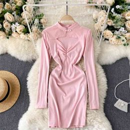 Lady Fashion Improved Cheongsam Autumn Package Hip Mini Dress Women Hollowed Out Pleat Slim Fit Sexy Vestidos Q284 210527
