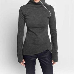 Jogoo Jumoe Primavera Outono Casual Sólido Hoodies Mulheres Manga Longa Turtleneck Zipper Sueter Tops Irregulares 210803