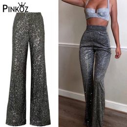 Bling Wide Leg Pants Women High Waisted Belted Loose Trousers Streetwear Mujer Winter Glitter Plus Size Long Pant 210421