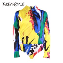 Printed Bodysuits For Women V Neck Long Sleeve Hit Colors Fashion Women's Jumpsuit Spring Clothes 210521