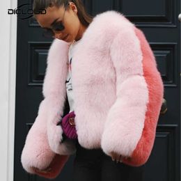 Exclusive Womens Sweet Pink Contrast Color Faux Fur Coats Luxury Design Trendy Winter Jacket Coat Women Warm Outerwears T191209