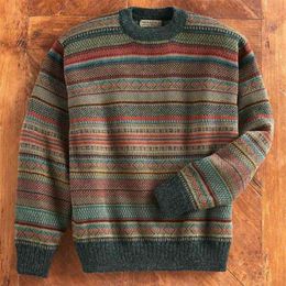Sweater Men Spring Autumn Printed Knitted Tops Long Sleeves Retro Casual Style Stripe Pullover Jumpers Male Warm 210818