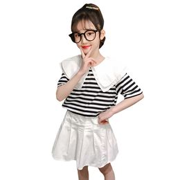 Children Summer Clothes Striped Tshirt + Short Girls Outfits Patchwork Set Casual Style Children's Suits 210528