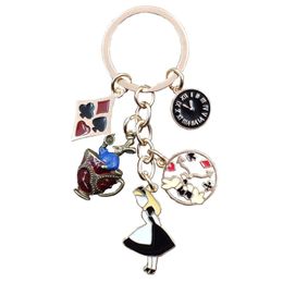 Enamel KC Gold Plated Keychain Alice in Wonderland Rabbit Bunny Clock Teapot Poker Style Ethnic Handmade Key Ring Gift BZ059-76 G1019