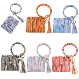 NEWShiny PU Leather Card Bag Keychains Party Bracelet Keychain Wallet With Tassels String Bangle Key Ring Holder Wristlet Handbag RRF11746