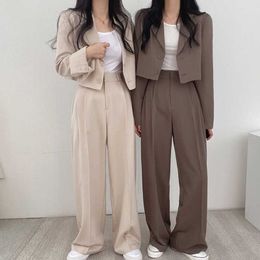 Autumn Temperament Two Button Lapel Long Sleeve Blazer Jacket Top Short High Waist Wide Leg Pant Tailored Trousers OL Retro 210930