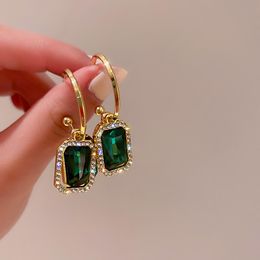 Hoop & Huggie 2021 Korean Gold Color Geometric Circle Rhinestone Square Green Crystal Pendant Earrings For Women Fashion Jewelry