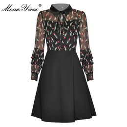Fashion Designer dress Spring Autumn Women's Dress turn-down collar Patchwork Ruffles Print Short Party Dresses 210524
