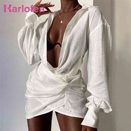 Karlofea Female Summer Cotton Linen Dress Beach Vacation Cover Sexy Deep V Neck Irregular Shirts Dress Lazy Style Casual Dresses 210915