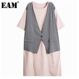[EAM] Women Pink Striped Big Size Midi Dress Round Neck Short Sleeve Loose Fit Fashion Spring Summer 1DD7955 210512