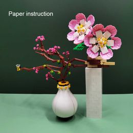 Retro Chinese Style Plants Vase Potted Flowers Peach Blossom Building Blocks Brick Accessories Model Kids DIY Educational Toys Q0823