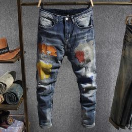 Streetwear Men Jeans Blue Slim Fit Patches Designer Ripped Denim Pencil Pants Elastic Hip Hop Homme Men's