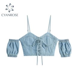 Blue Sexy Denim Tanks Tops Women Drawsting Lace-up Slim Short Sleeve Spaghetti Strap Clubwear Bar Puff Camis 210515