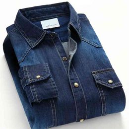 Quality Spring Autumn Men Denim Thin Shirt Soft 100% Cotton Two Pockets Slim Fit Jeans Cowboy Streetwear Mens Long Sleeve Shirts 210809