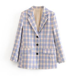 Women Elegant Plaid Single Breasted Blazer Jacket Casual Long Sleeve Female Chic Lady Office Suit Outwear Coat 210430