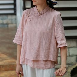 Johnature Chinese Style Cotton Shirts Stand Collar Women Blouse Summer Button Retro Loose Half Sleeves Women Blouse 210521