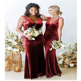 Elegant Bridesmaid Dress V Neck Mermaid Veet Evening Women's Dresses Maid Of Honor Sleeveless Sweep Train Gowns 0516