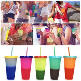 reusable plastic cold cups with lids Canada - Temperature Color Changing Cold Cup Summer Drink Water Bottle Reusable Plastic Tumbler with Lids Straws 250pcs Ooa8074