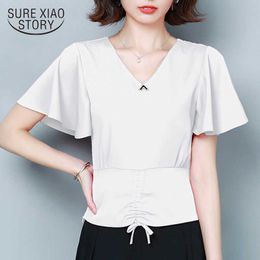Summer Plus Size Women Shirt Fashion Short Sleeve V-neck Waist Hugging Chiffon Blouse Women White Blouse Blusas 9047 50 210527