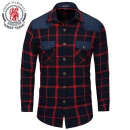 Fredd Marshall Fashion Plaid Shirts Men Long Sleeve Business Casual Denim Shirt Male Social Regular 210527