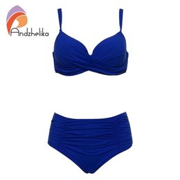 Andzhelika Bikini Solid Fold Swimsuit High Waist Set Summer Sexy Plus Size Swimwear Bathing Suit Biquini 210621