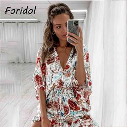 Wide Leg Floral Print Summer Boho Rompers Overalls Women V Neck Batwing Sleeve Button Casual Loose Playsuits Beach 210427
