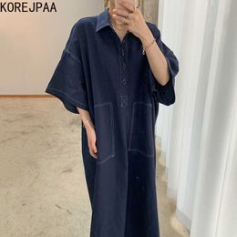 Korejpaa Women Dress Summer Korean Chic Retro Lapel Single-Breasted Topstitch Loose Casual Two-Pocket Short-Sleeved Vestido 210526