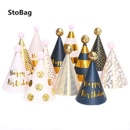 StoBag 10pcs Birthday Party Hat Wedding Celebrate Baby Shower Cake Decoration Paper Card born Kind Favor Polka Dot Crown 210602
